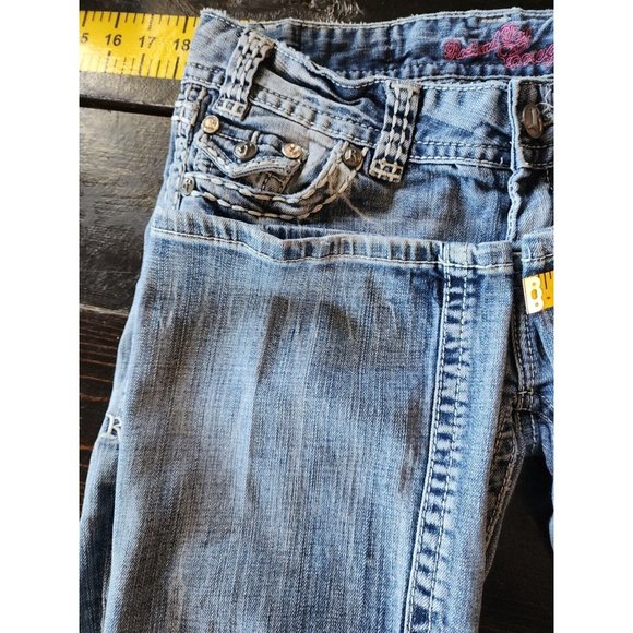 WOMEN'S JUNIORS 28X34 LIGHT WASH BOOT CUT STUDDED LOW RISE JEANS COWGIRL - Picture 9 of 10